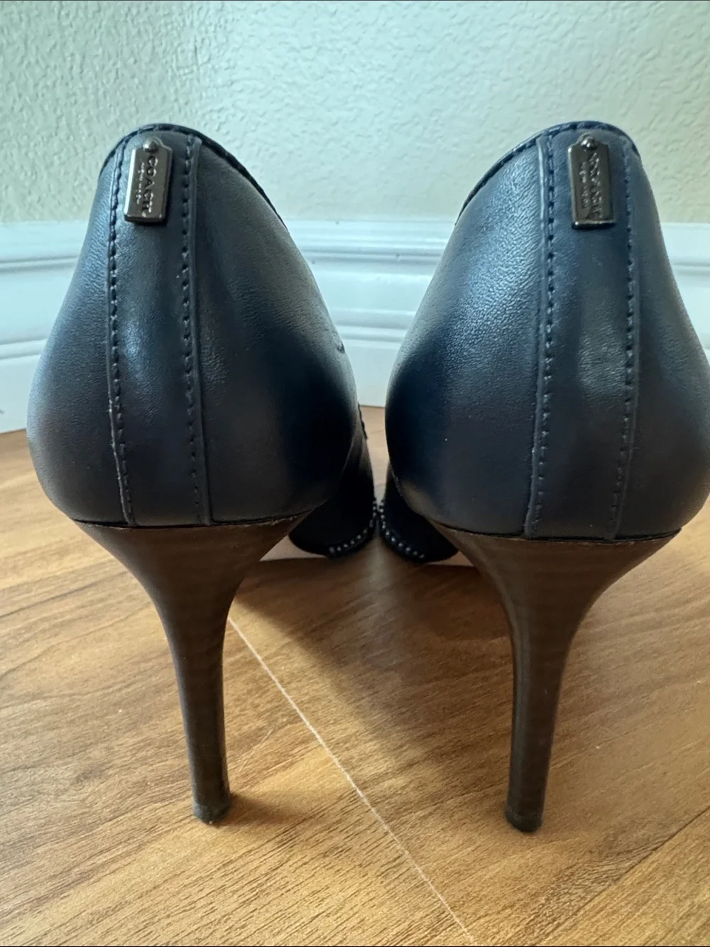 Coach Navy Pointed-Toe Leather Pumps with Stud Trim